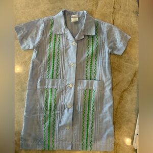 Six Honeybees Girls Guayabera Dress - Light Blue Gingham w/ Green Embroidery, 2T